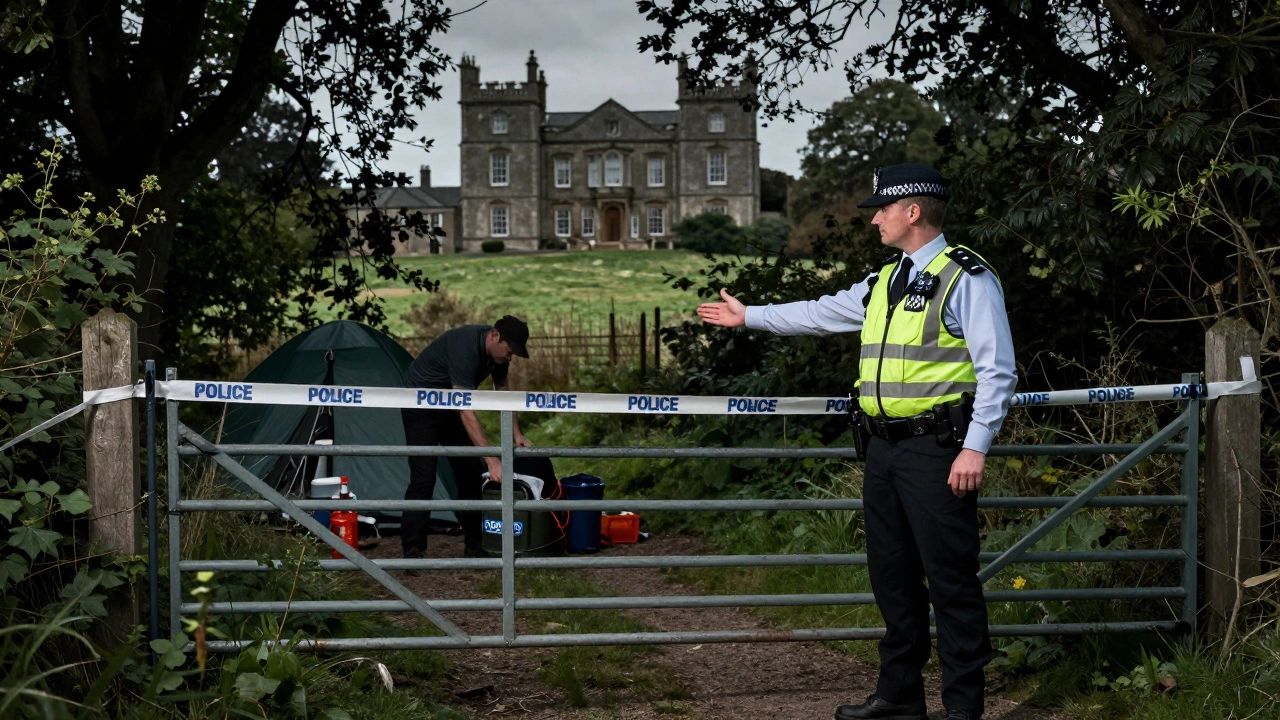 Police officer confronting camper in private woods
