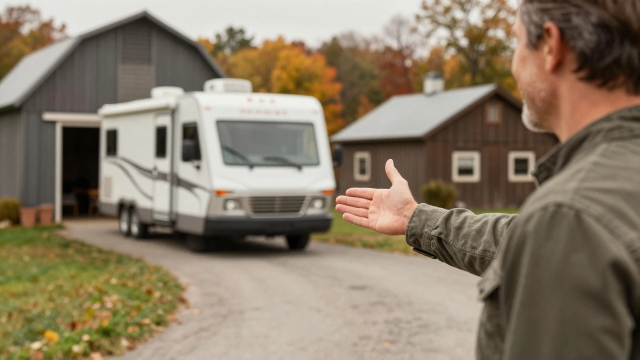 RV parked on private land with welcoming landowner