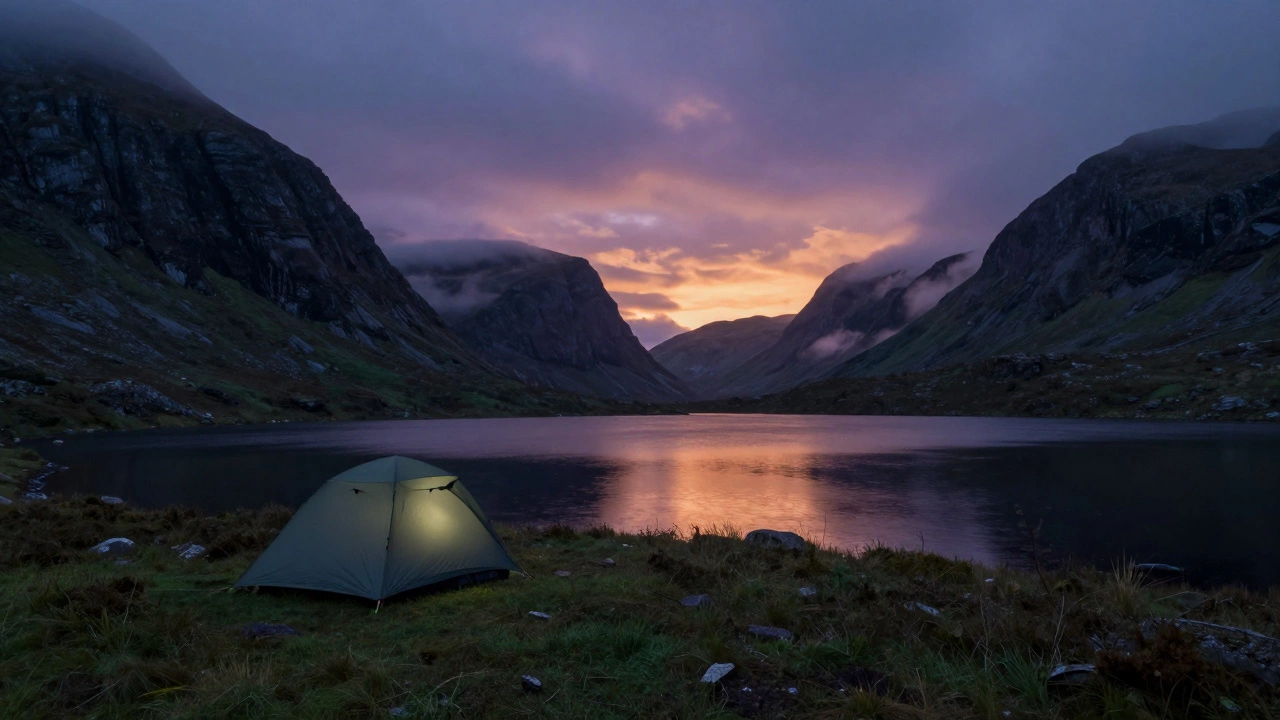 Solitary tent by a loch in the Scottish Highlands at twilight