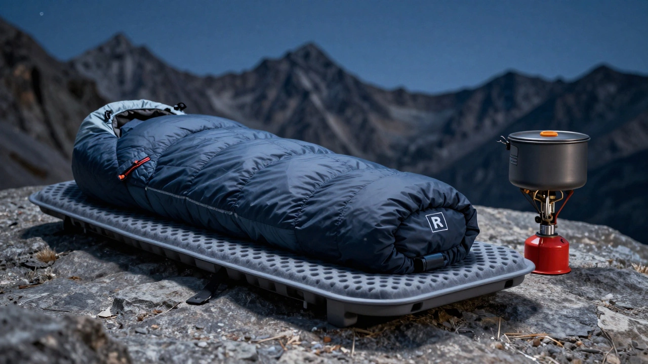 Specialized cold-weather camping gear including sleeping bag and stove on rock