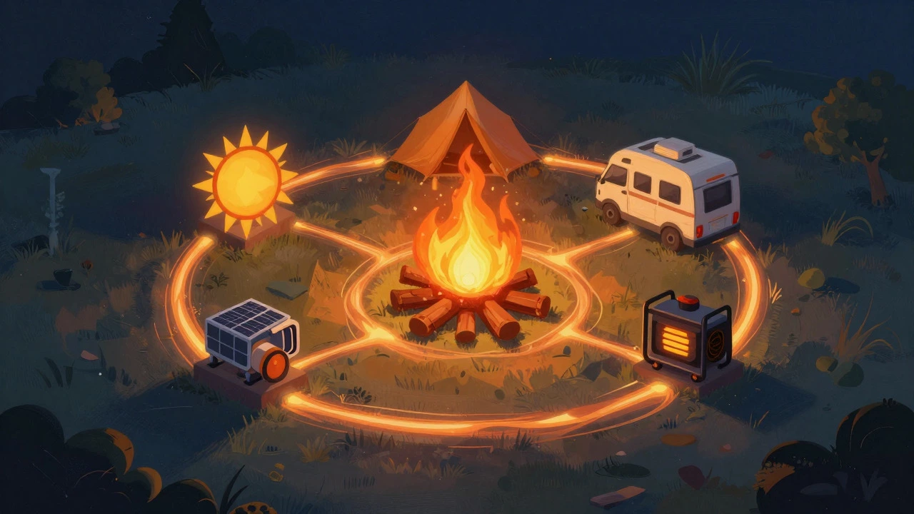 Artistic diagram of solar, vehicle, and generator power sources protecting a camp