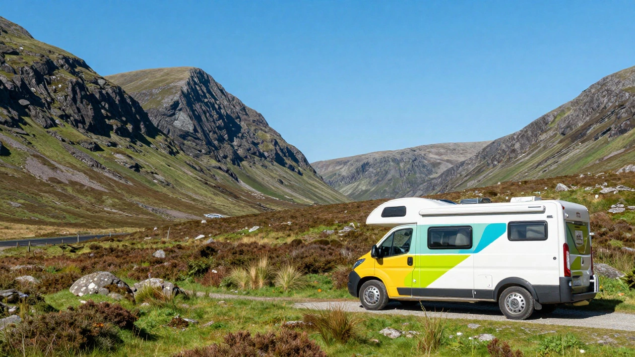 Camper van enjoying scenic views in Scottish Highlands under bright sun