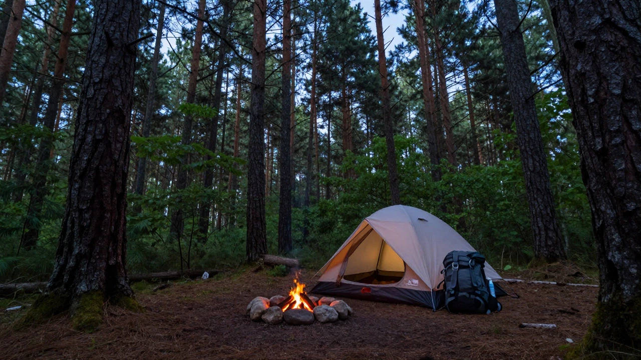 Canvas tent in a dense pine forest with glowing fire pit