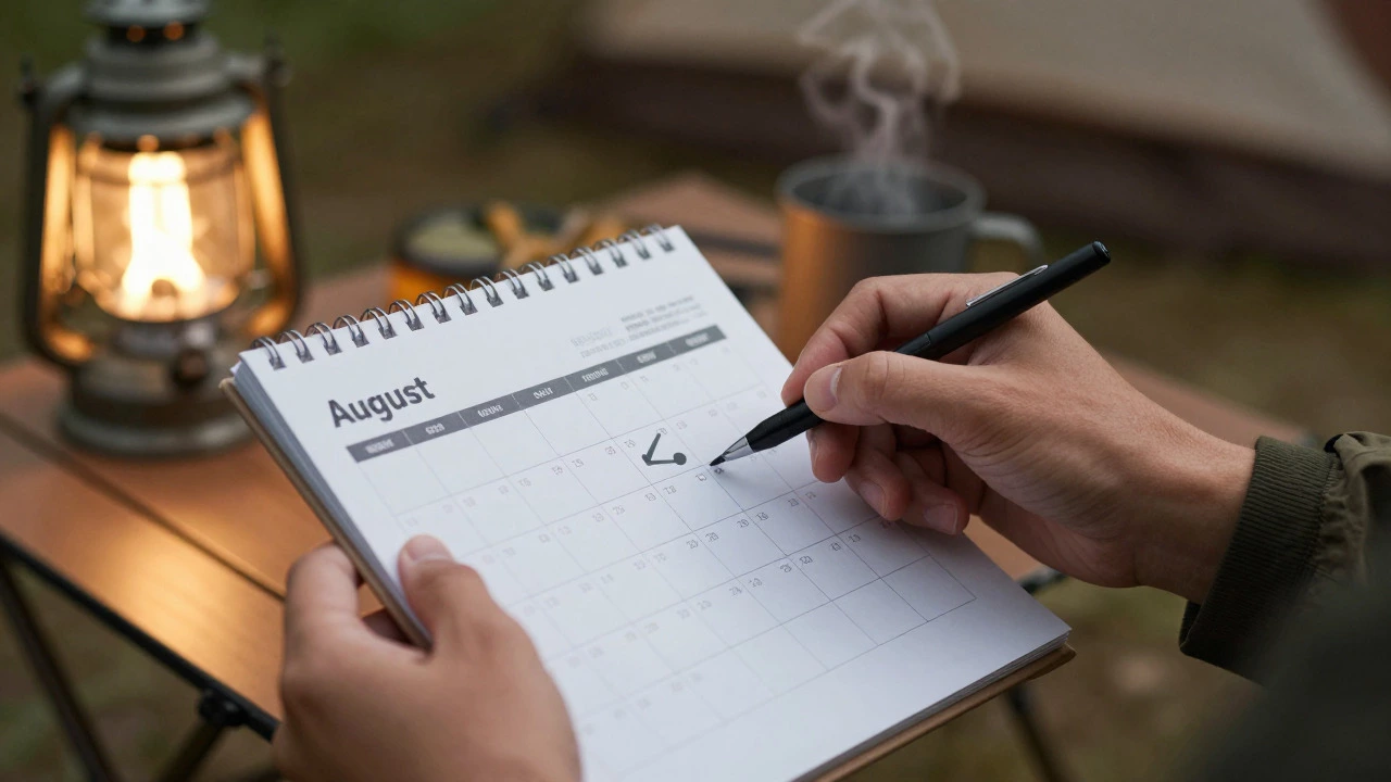 Close-up of hands marking late summer dates on a calendar against a blurred, cozy campsite background.