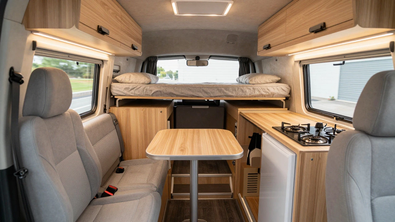 Compact interior of Class B van showing fold-down bed and kitchen