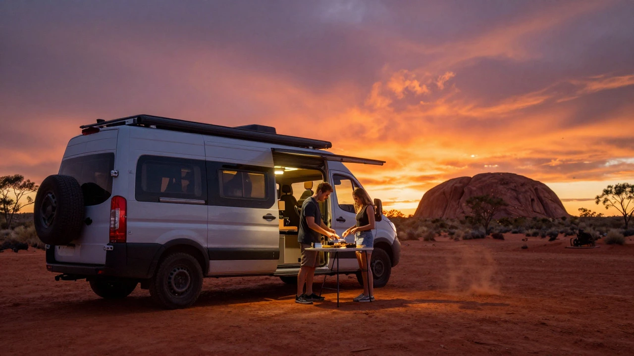 Couple cooking outside camper van in Australian Outback sunset