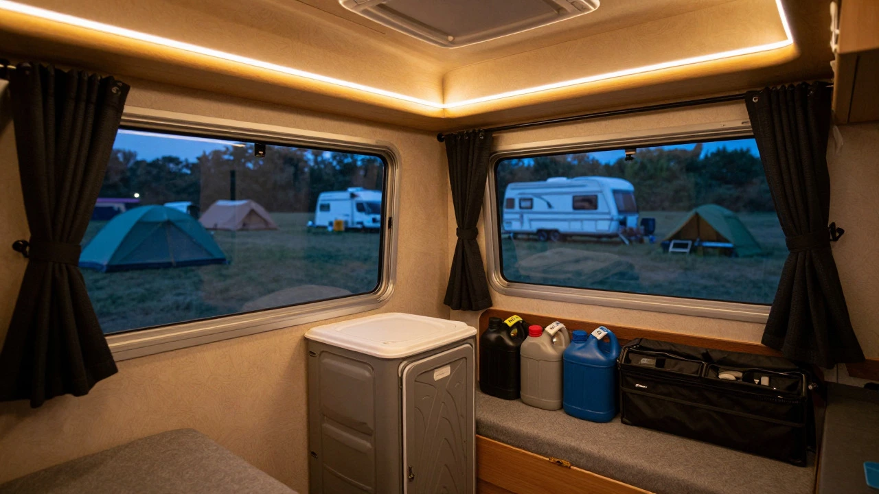 Cozy camper van interior with gear visible, overlooking a designated campsite