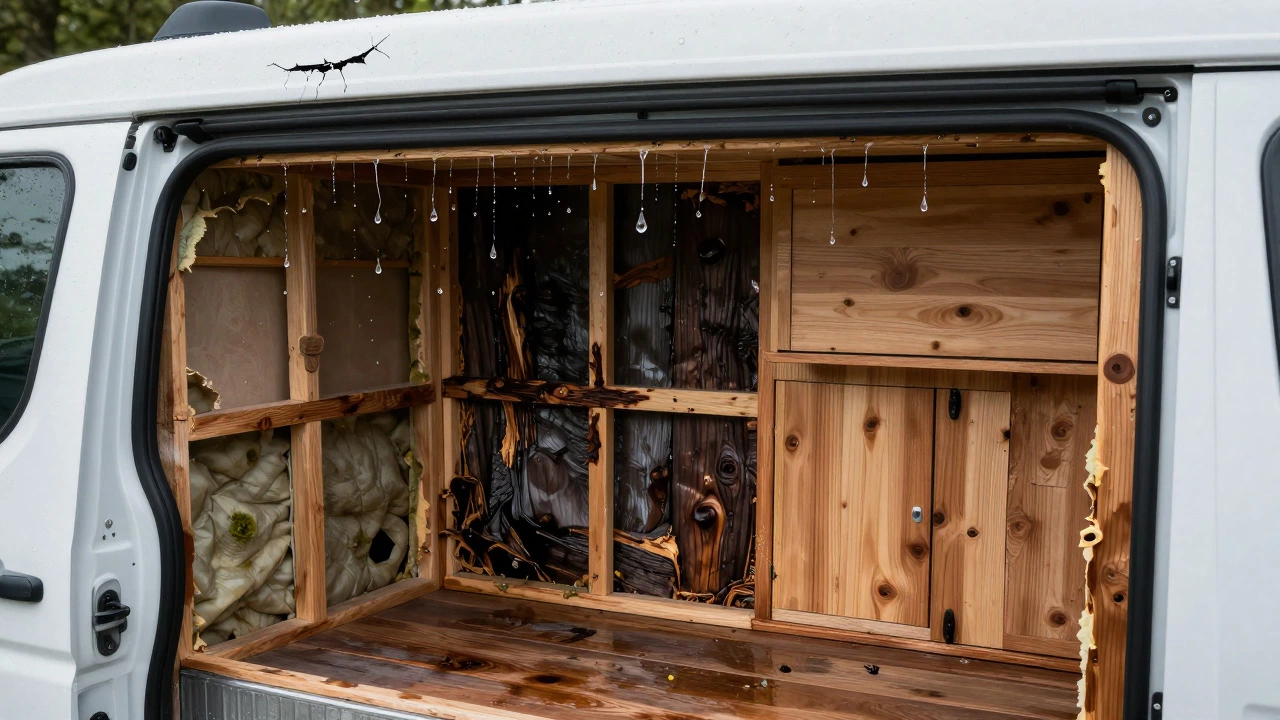 Cross-section view showing hidden water damage and rot inside a campervan wall