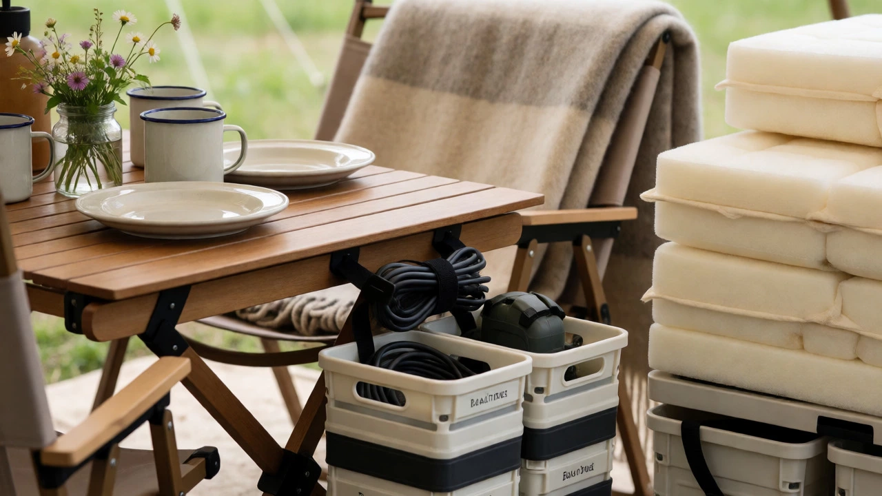 Curated campsite details featuring ceramic dishes, flowers, and organized gear