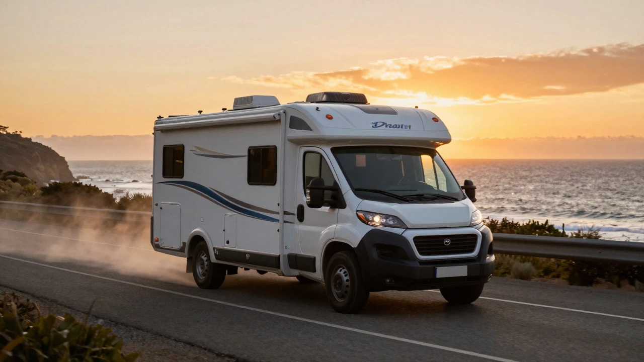 Diesel motorhome driving on a coastal road at sunset