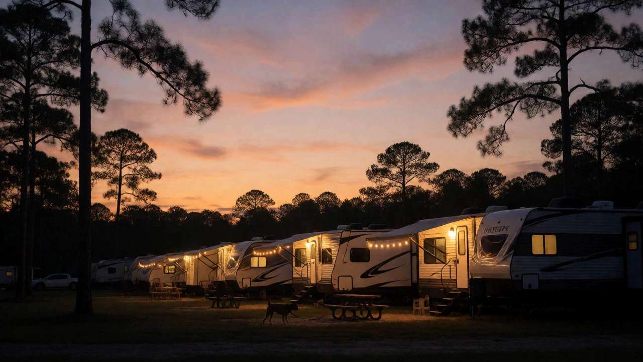 Evening view of RVs with lights on among pine trees at Cherrywood RV Resort.