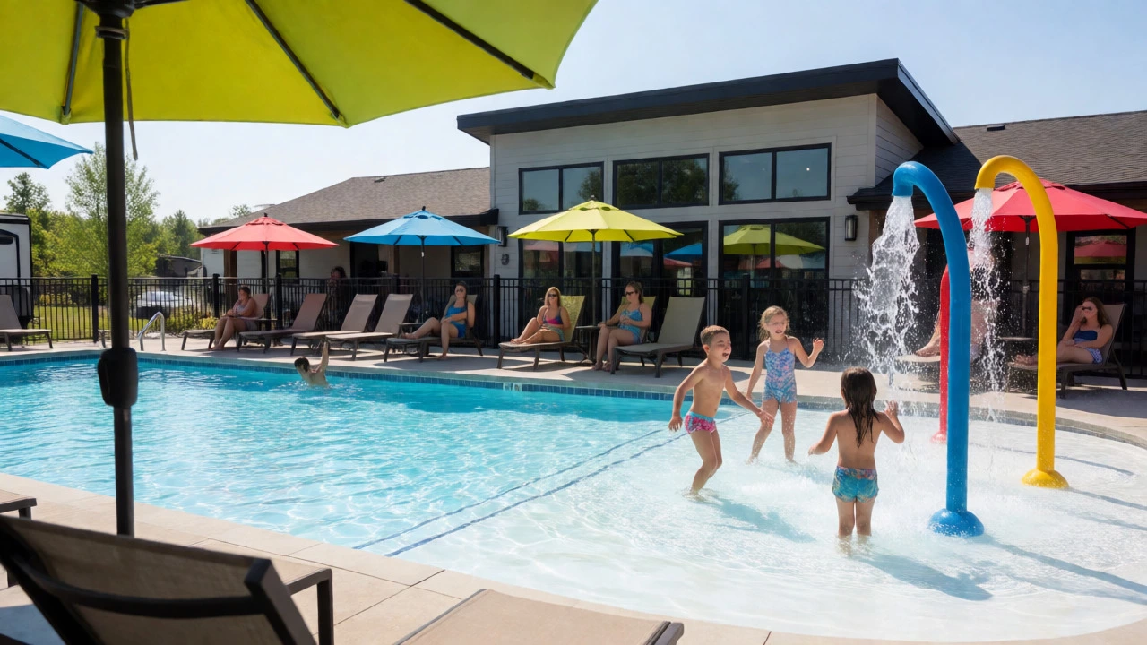 Families enjoying the swimming pool and splash pad amenities at the resort.