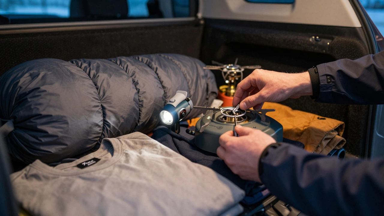 Hands organizing camping gear like a sleeping bag and stove in a car boot