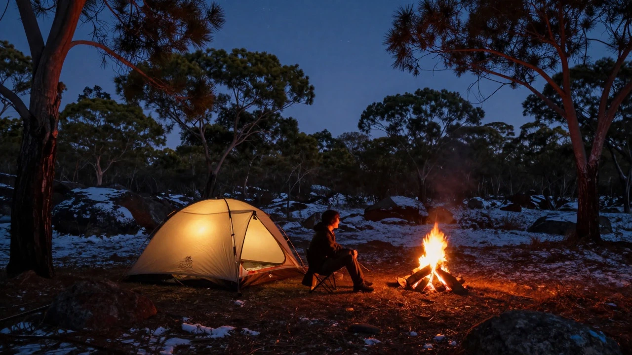 Illuminated tent and campfire in a snowy Australian park at twilight