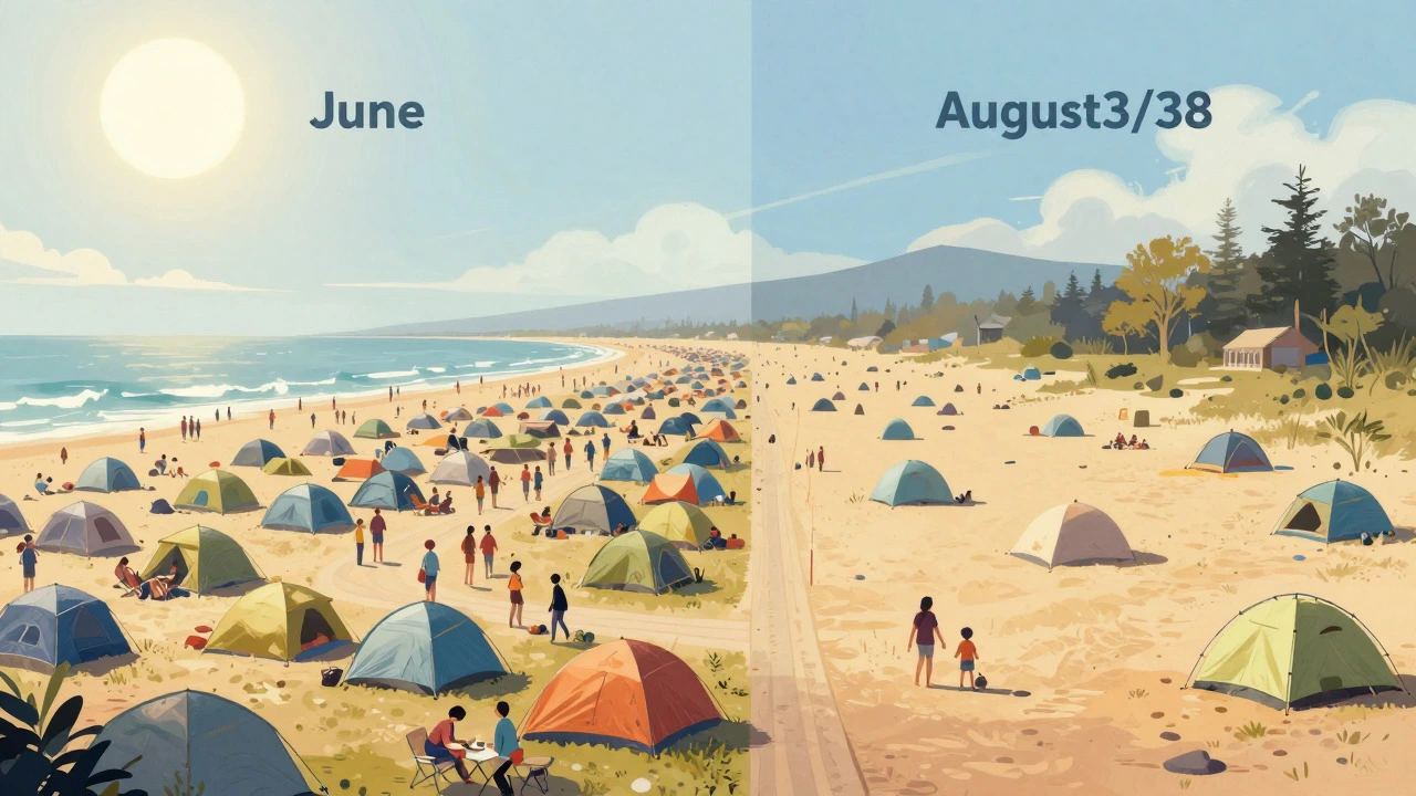 Illustration contrasting a crowded June campsite with a tranquil, spacious August campsite to show demand shifts.