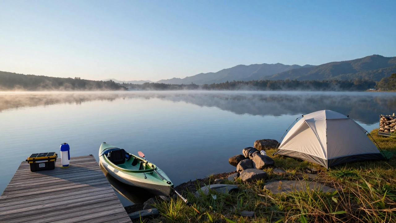 Kayak and tent on a calm lakeshore with mountain views