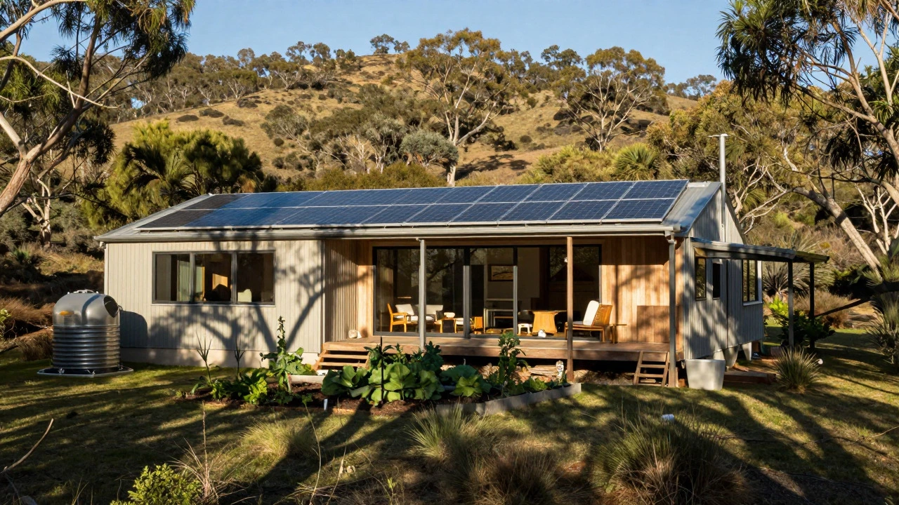 Modern off-grid house with solar panels nestled in a wooded hillside