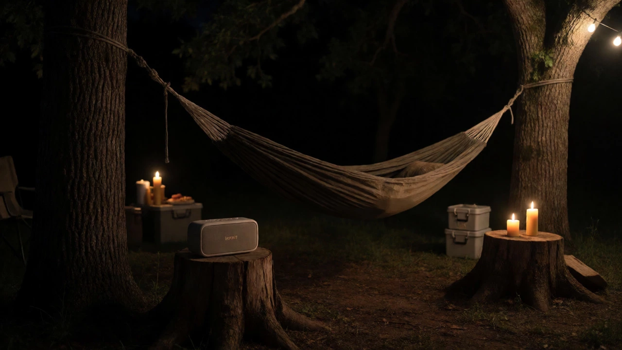 Peaceful night campsite with hammock, candles, and soft ambient lighting