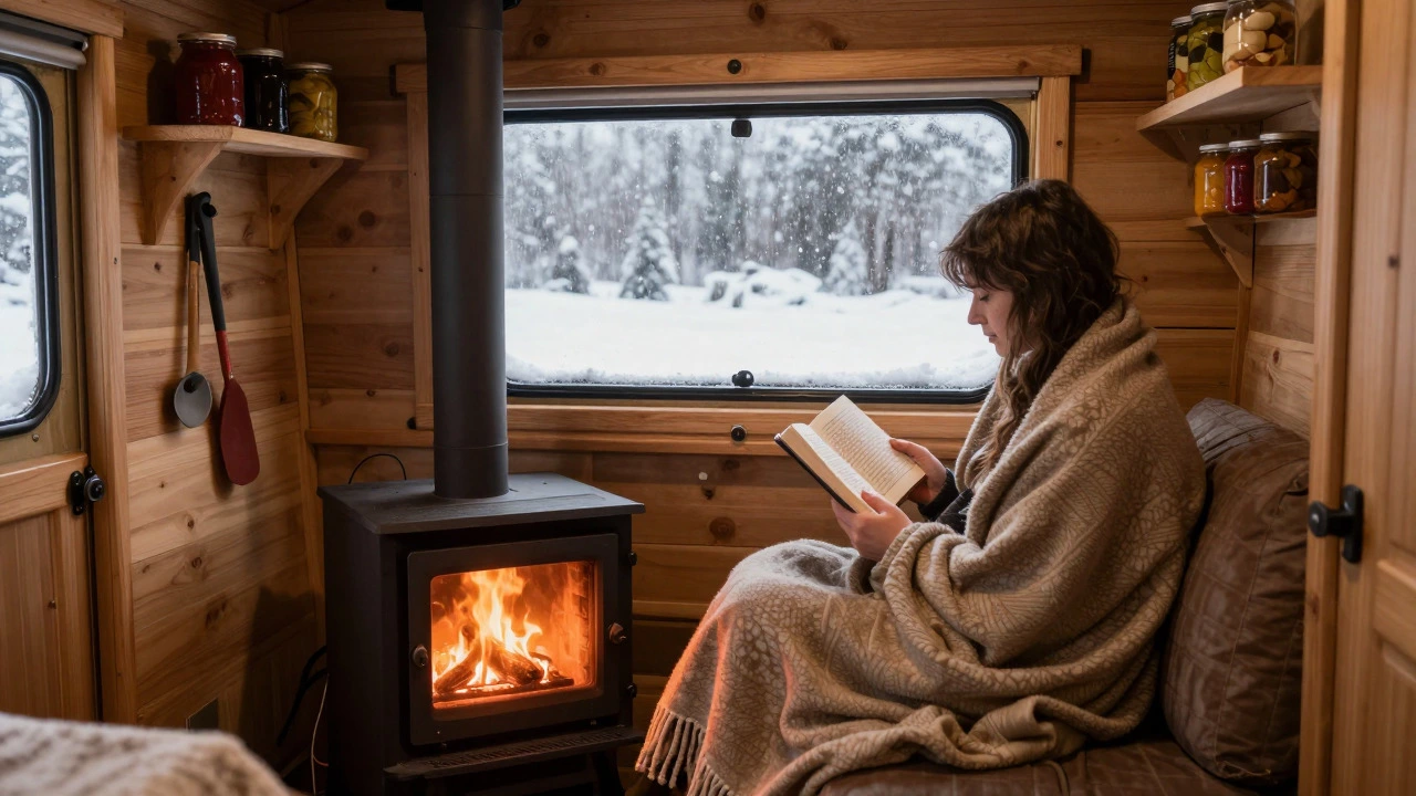 Person sitting by a wood stove inside a cozy cabin during winter