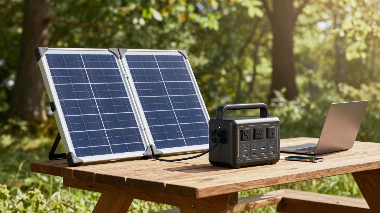 Solar panel charging a portable power station on a table in a sunny forest