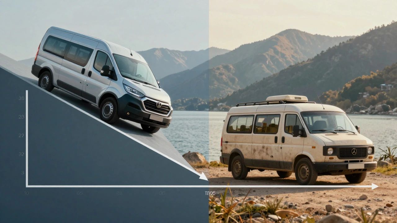 Visual metaphor comparing new van depreciation to used van value retention