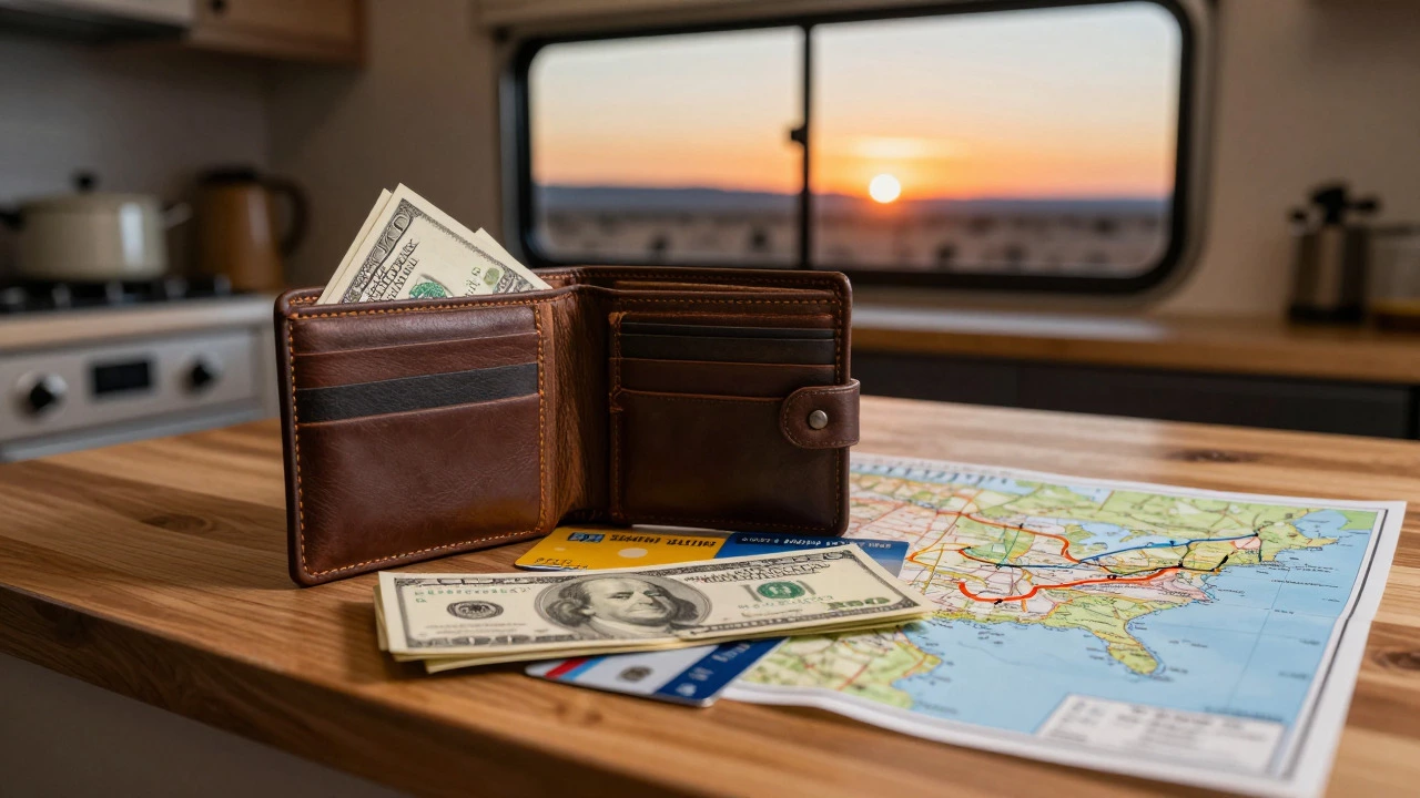Wallet with cash and map on RV table showing trip costs