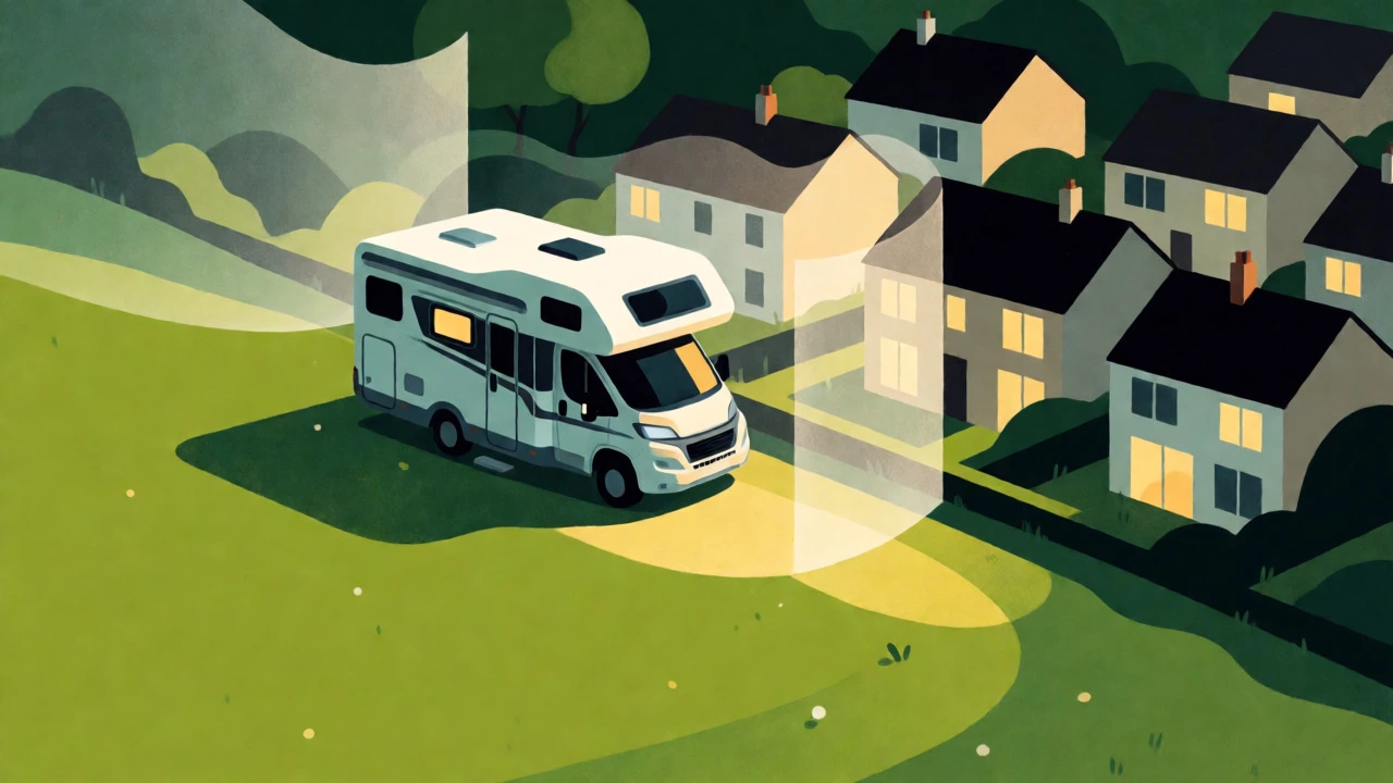 Artistic depiction of respectful wild camping near homes