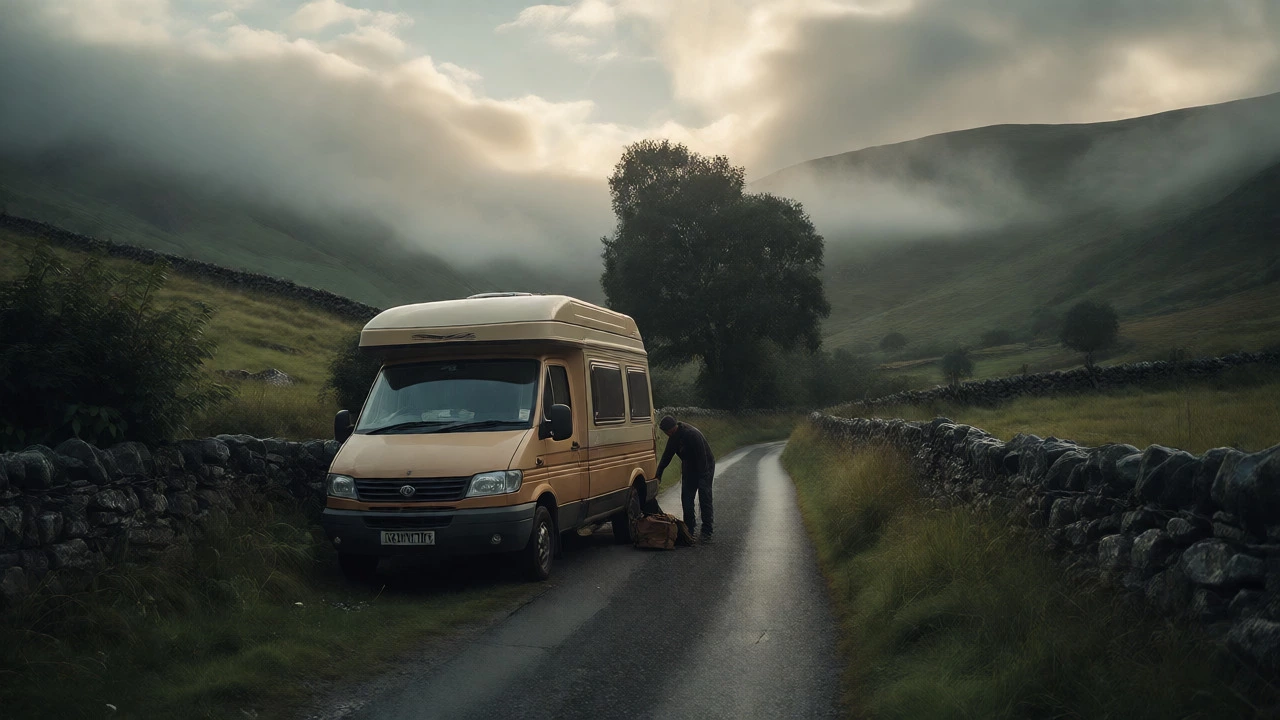 Camper van in misty Lake District layby