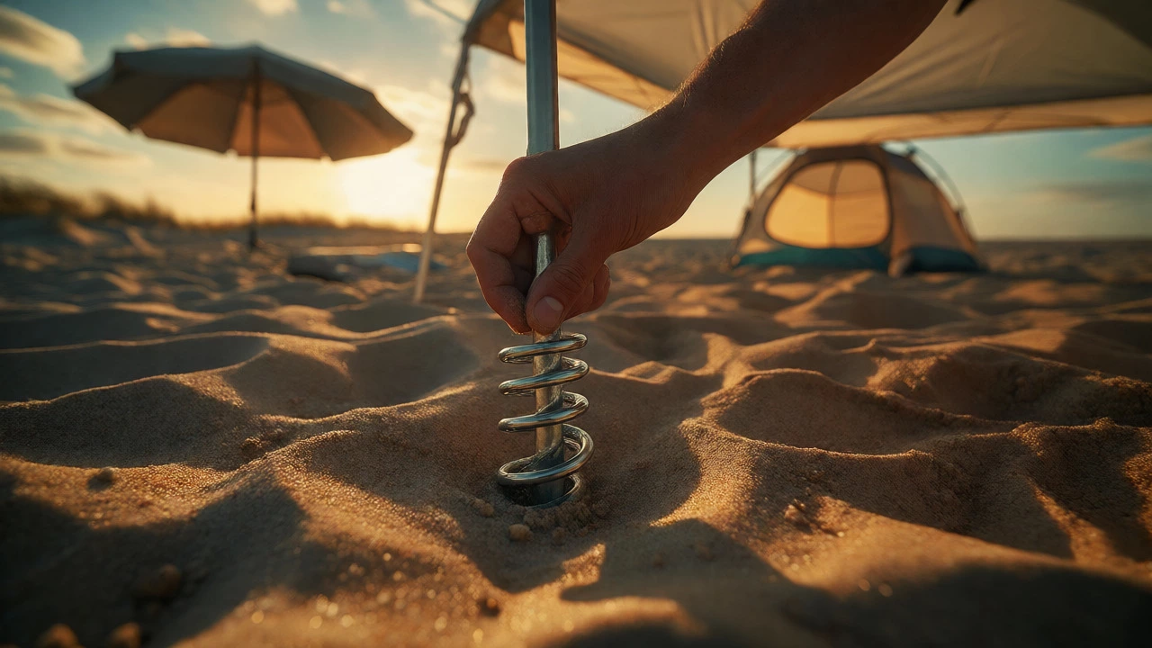 Close-up of a spiral sand anchor securing a beach canopy, illustrating stability concerns.