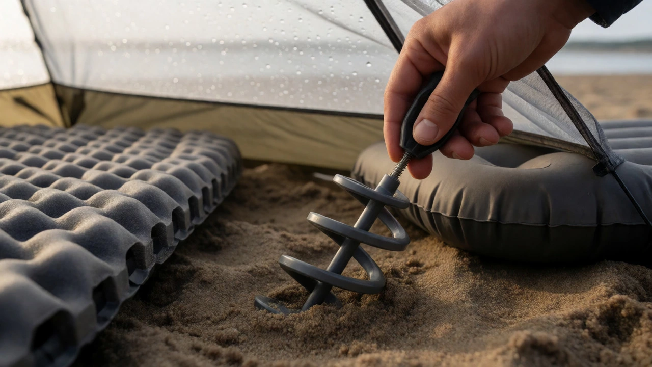 Close-up of spiral sand anchor being screwed into wet sand next to foam and inflatable sleeping pads.