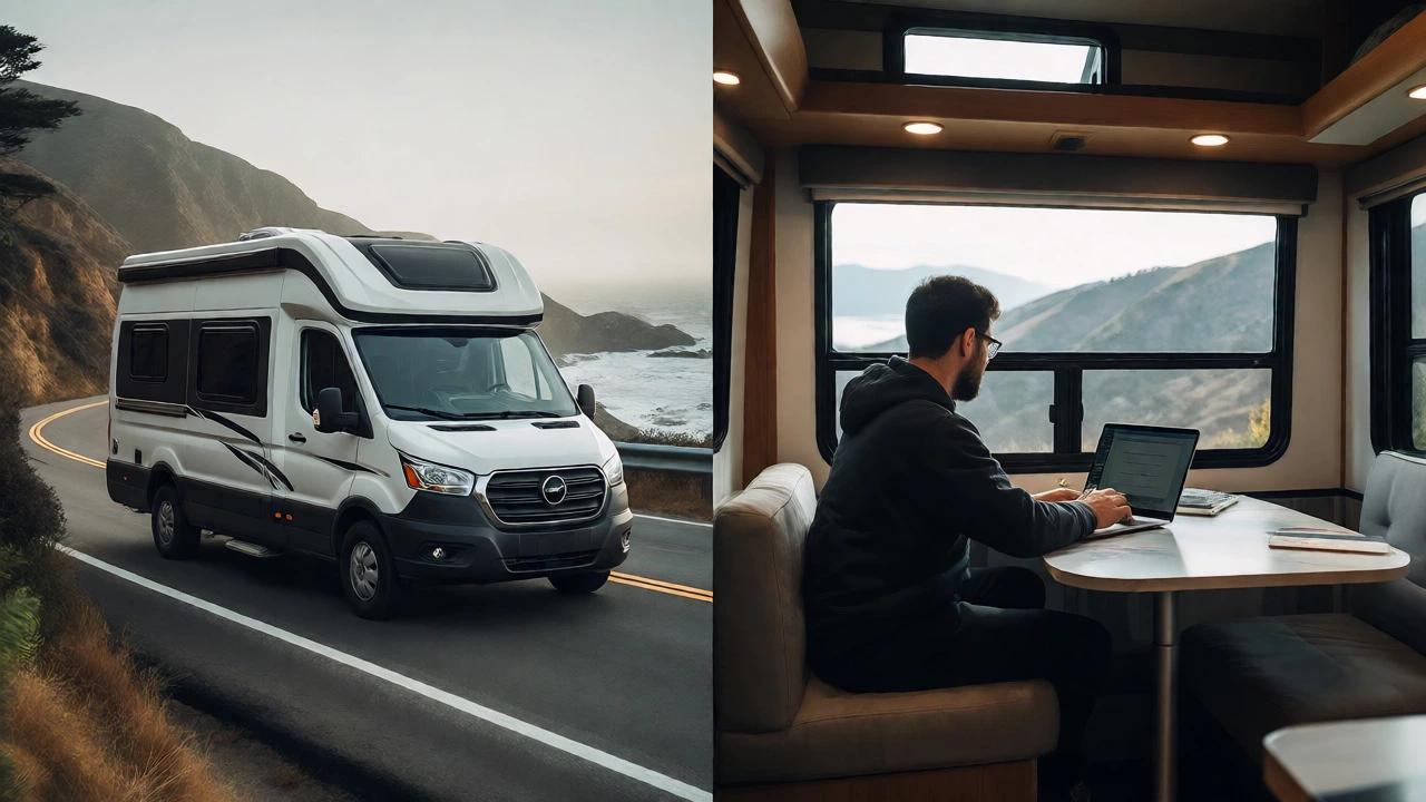 Compact camper van on California coast alongside digital nomad working