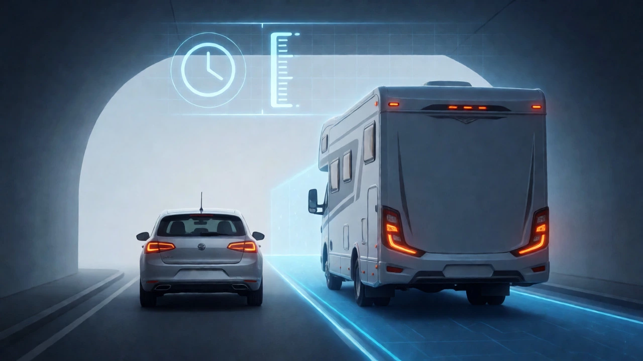 Conceptual image comparing stopping distances and height clearance for motorhomes.