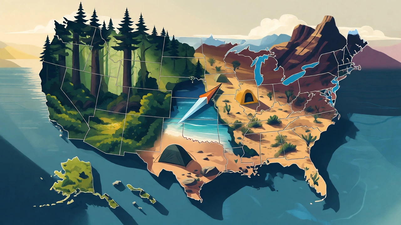 Conceptual map illustrating varied US camping environments from forest to desert