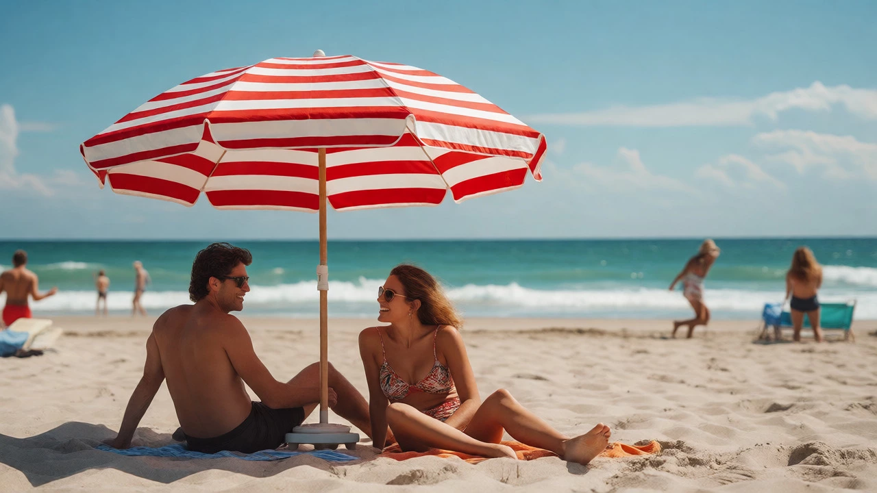 Couple relaxing under a compliant traditional beach umbrella at Myrtle Beach with clear ocean views.