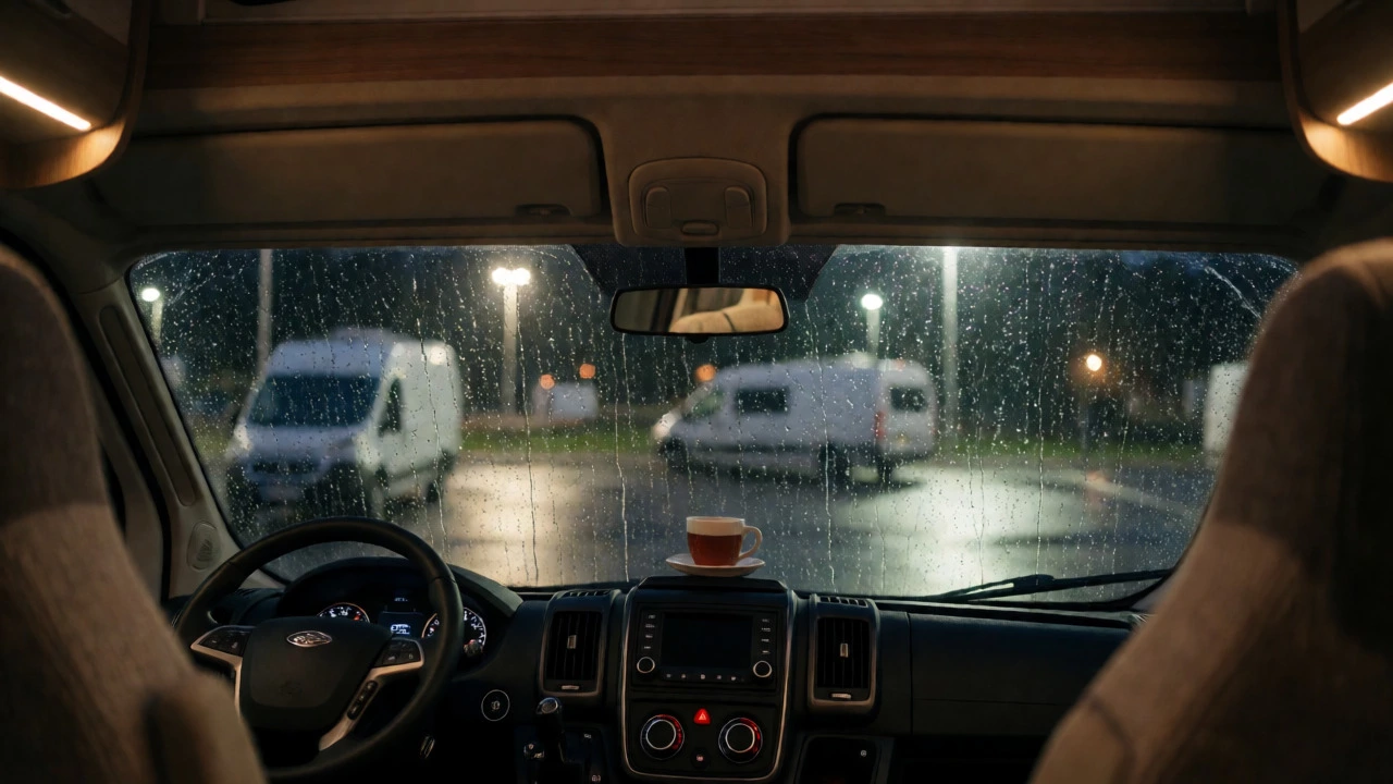 Cozy motorhome interior view through rainy windshield at night.