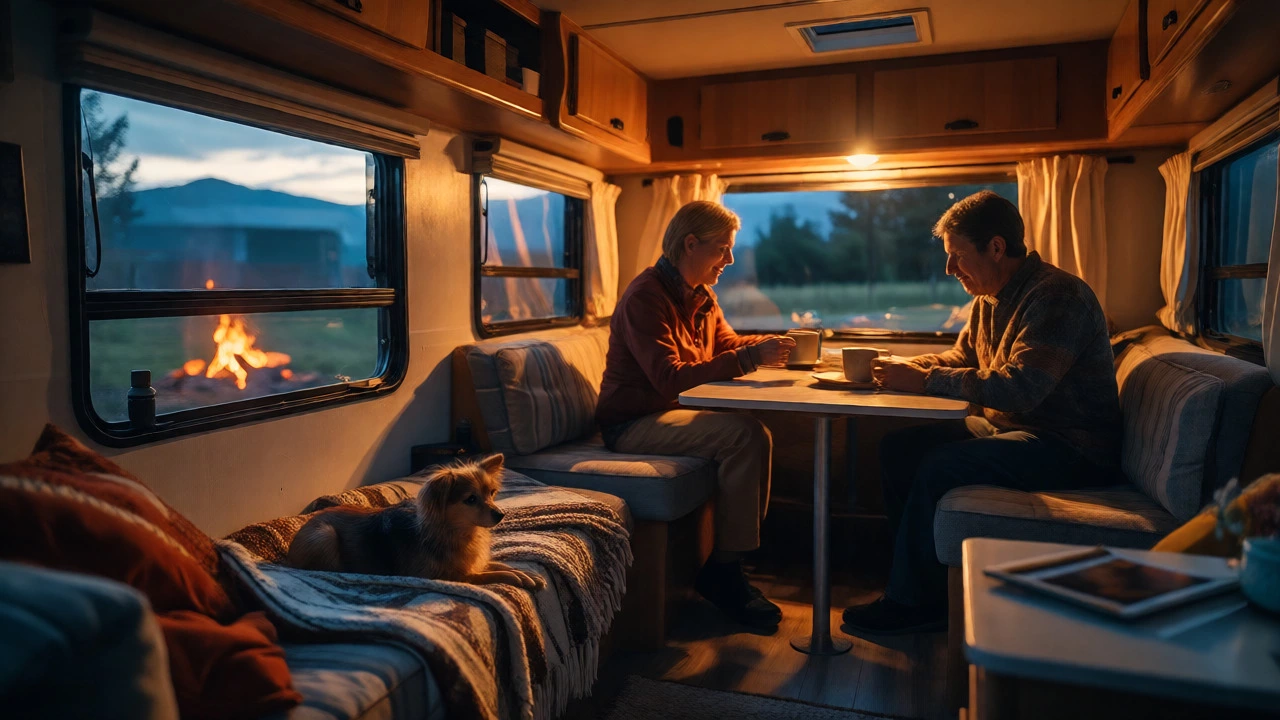 Family relaxing inside a tidy motorhome at dusk after settling in