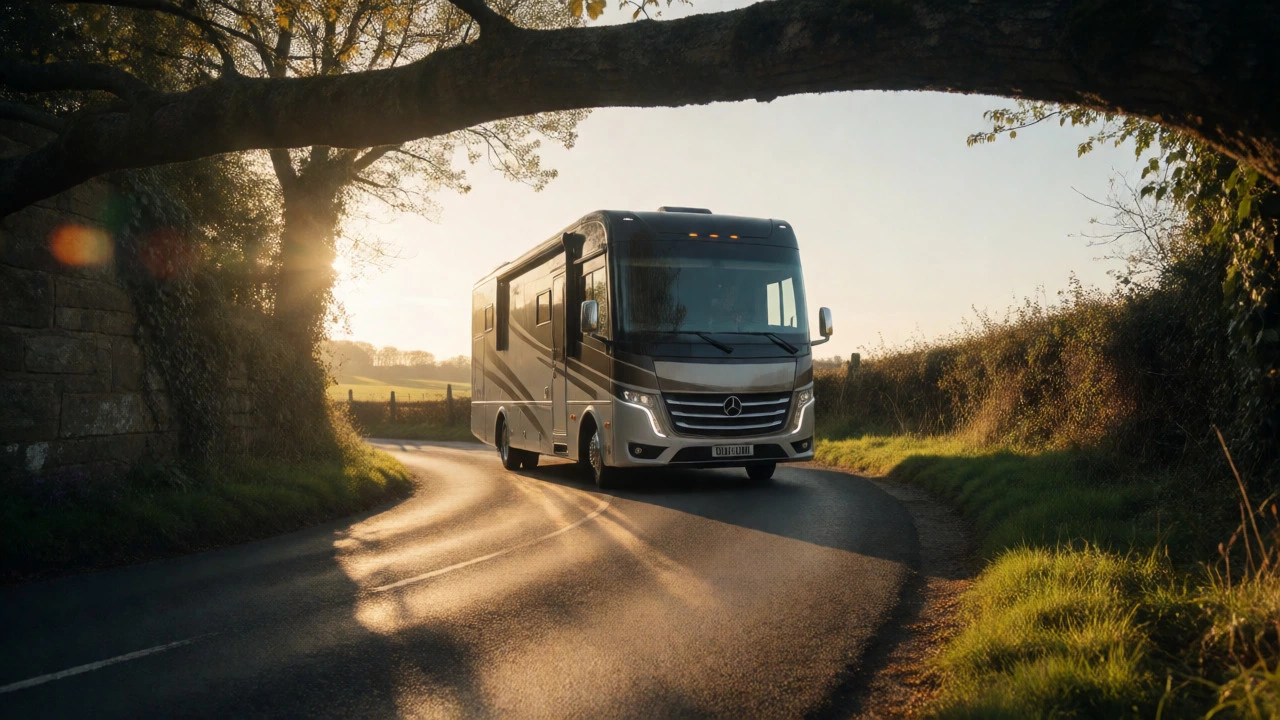 Large motorhome navigating a narrow UK country road near a low bridge at sunset.