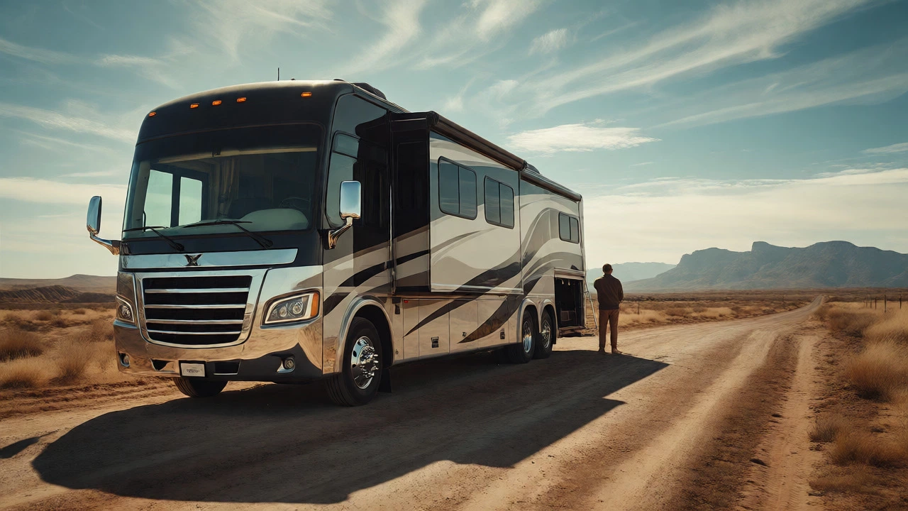 Large motorhome parked in rugged Texas desert landscape