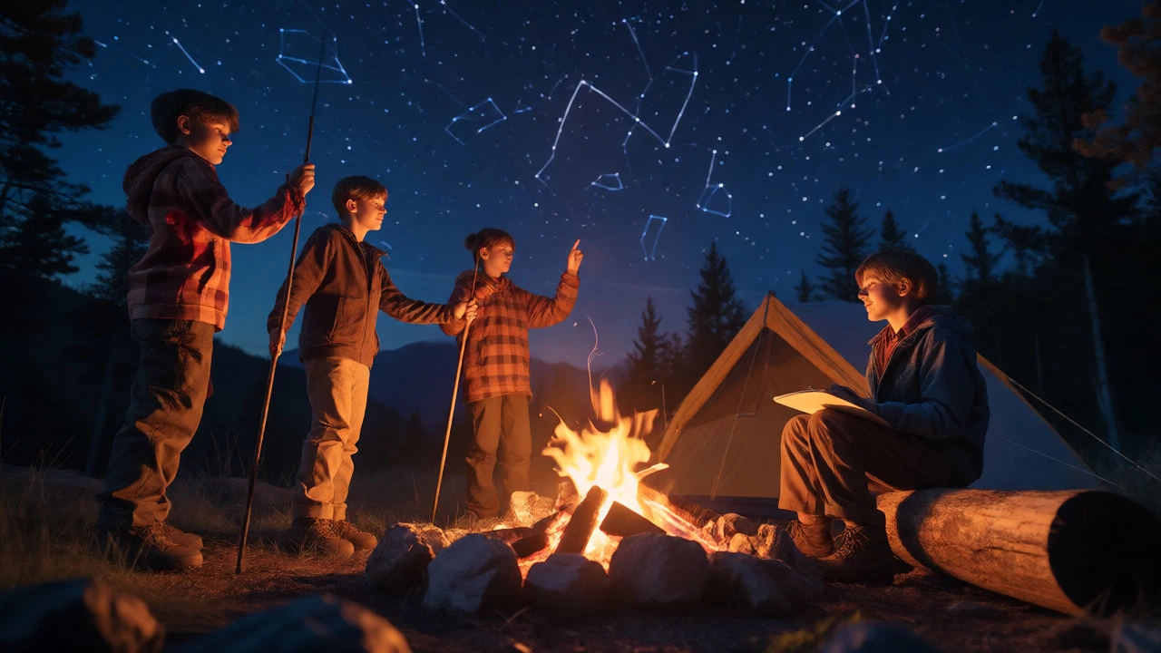 Older children helping pitch a tent and stargazing around a campfire at night.