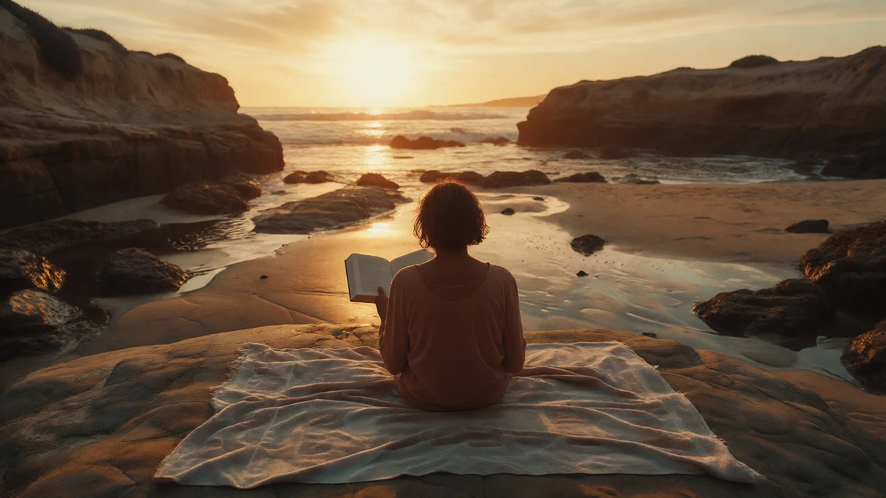 Person relaxing on towel at secluded California beach cove during sunset