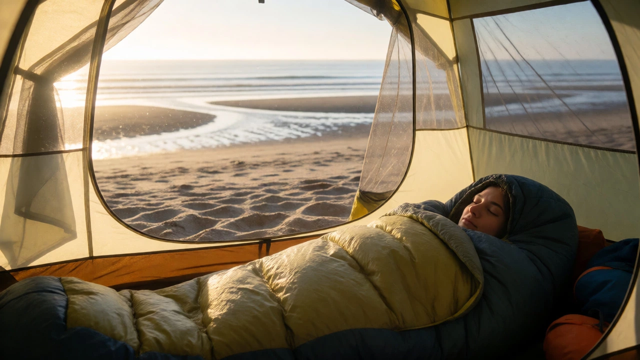 Person sleeping comfortably in a synthetic bag inside a beach tent with morning sunlight streaming in.