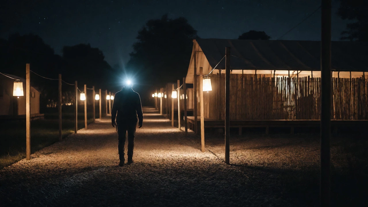 Person with a headlamp walking towards a communal glamping amenity block at night.