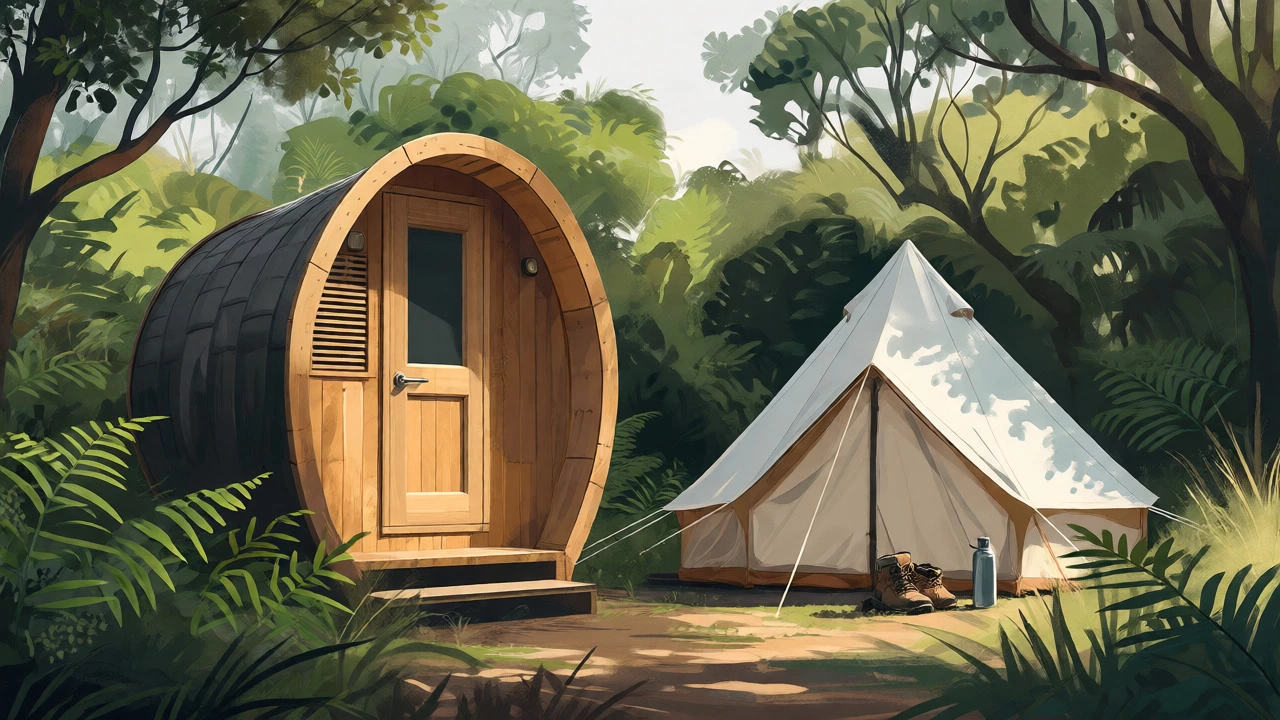 Private wooden composting toilet pod located next to a bell tent in a lush forest setting.