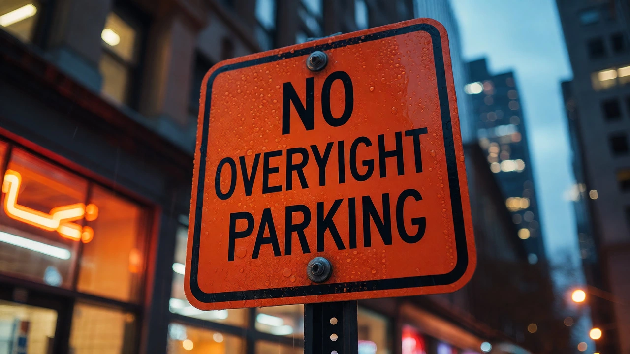 Rainy evening close-up of a no overnight parking sign in a city setting