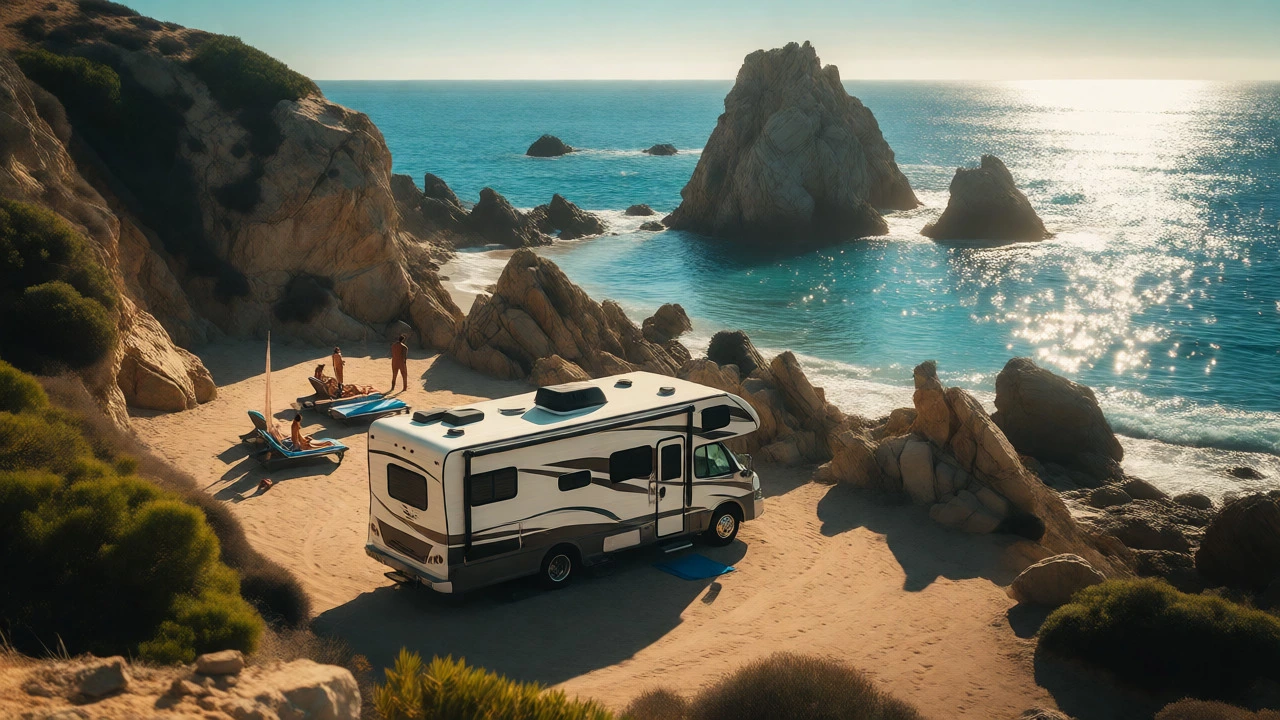 RV at Leo Carrillo State Park campground near rocky beach and ocean waves