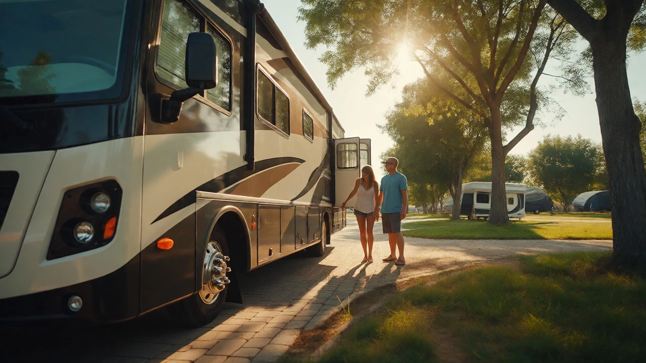 RV being parked at a sunny campsite pitch with easy visibility