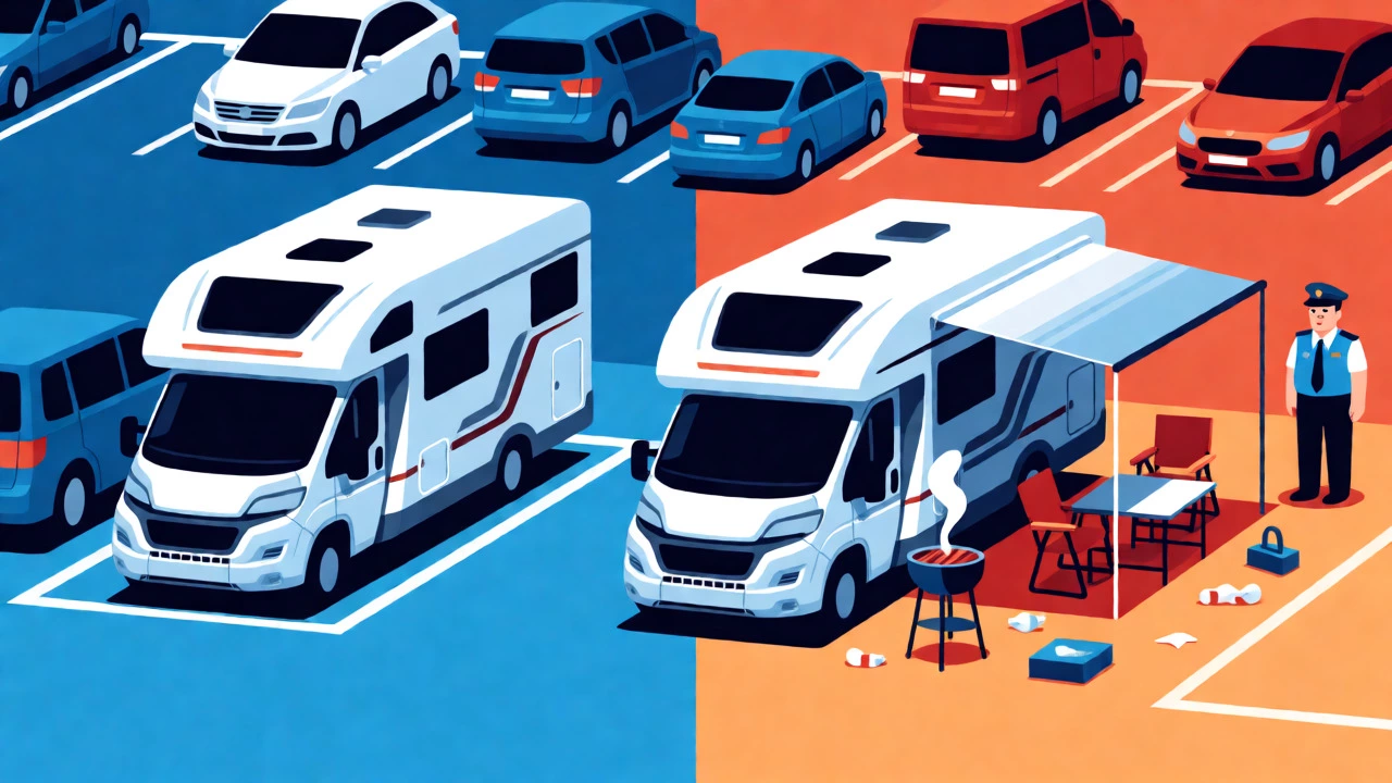 Split view comparing neat parking versus messy camping setup in a car park.