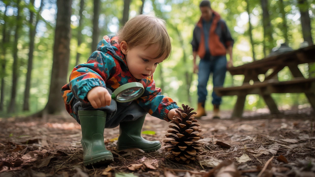 Toddler in rain gear examining a pinecone with a magnifying glass near a campsite.