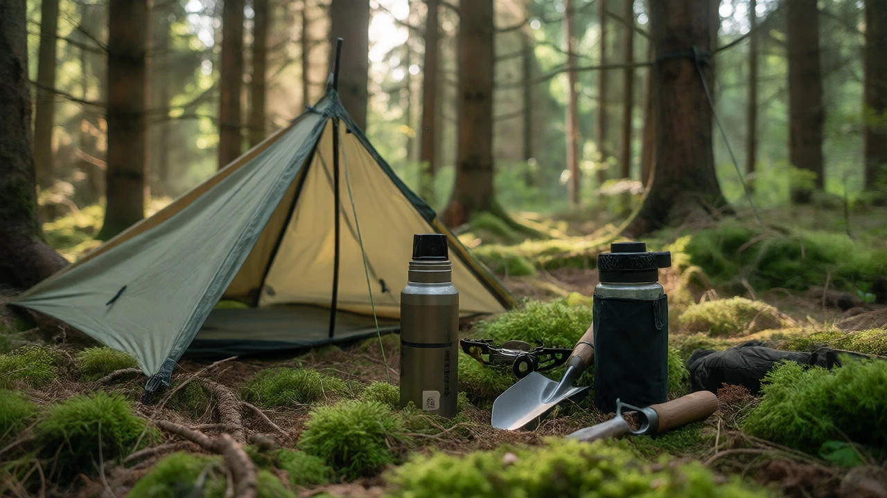 Wild camping gear on forest floor