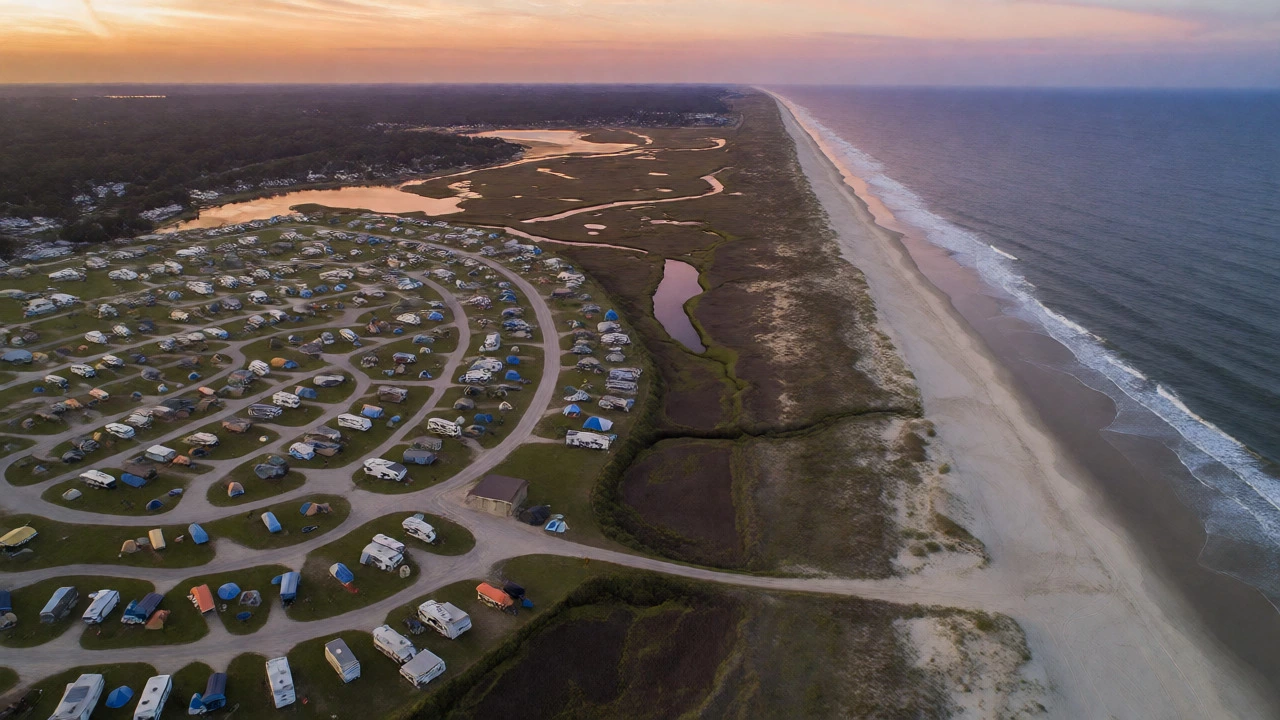Aerial view of Ocean Lakes campground roads, tents, and nearby beach